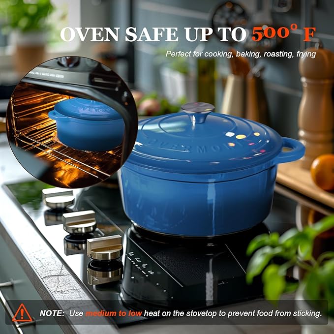 Overmont Enameled Cast Iron Dutch Oven - 7QT Pot with Lid Cookbook & Cotton Potholders - Heavy-Duty Cookware for Braising, Stews, Roasting, Sourdough Baking blue