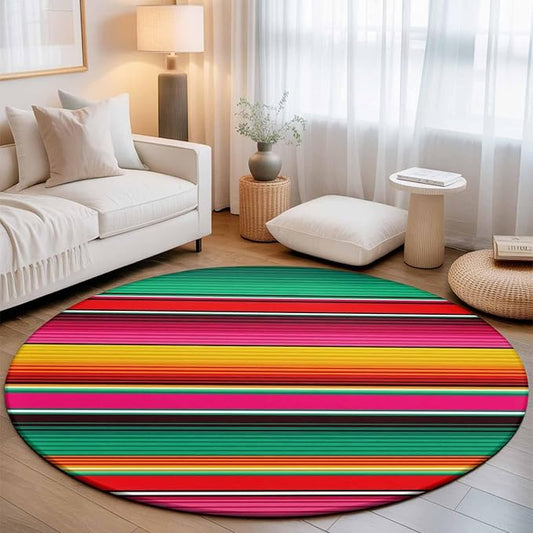 Washable Round Area Rug Vintage Mexican Stripes Abstract Circle Rugs Floor Carpet for Living Room Bedroom, Native American Stripe Soft Non Slip Round Rug 3ft