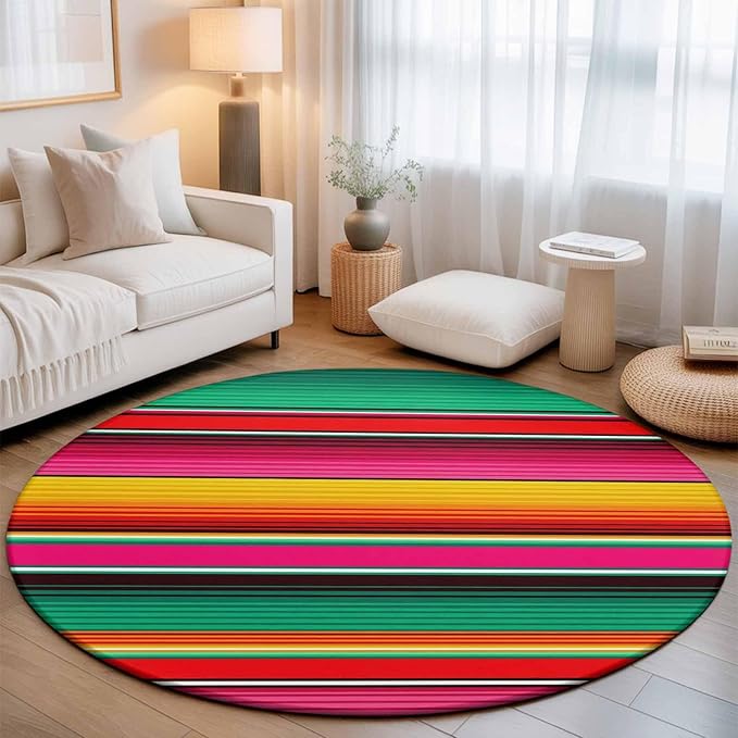 Washable Round Area Rug Vintage Mexican Stripes Abstract Circle Rugs Floor Carpet for Living Room Bedroom, Native American Stripe Soft Non Slip Round Rug 5ft