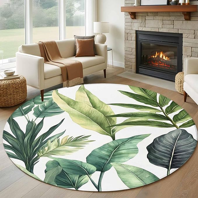 Washable Round Area Rug Summer Green Tropical Palm Leaves Circle Rugs Floor Carpet for Living Room Bedroom, Watercolor Plant Soft Non Slip Round Rug 5ft