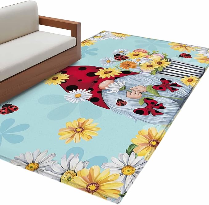 Area Rug 3x5ft, Summer Ladybug Gnome Daisy Flower Washable Rugs for Living Room Bedroom, Watercolor Bloom Floral on Blue Soft Non-Slip Area Rugs Rectangle Floor Carpet for Dining Room