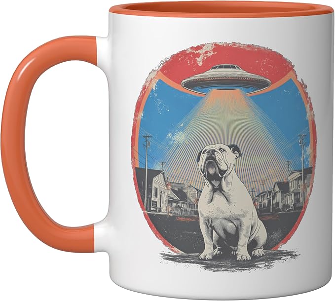 Retro UFO Bulldog Abduction Vintage Sci Fi Alien Invasion Ceramic Mug, Orange/White