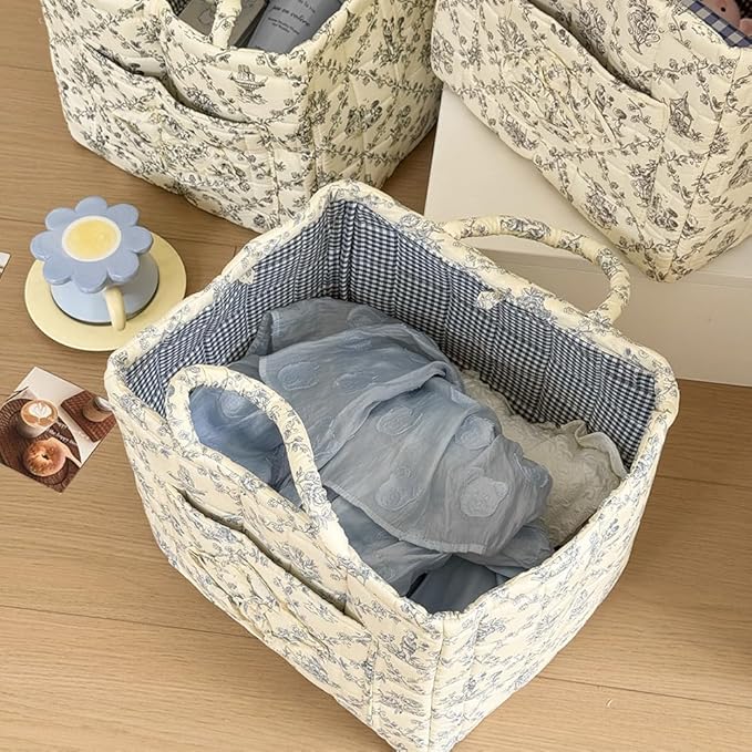 HiTotes Floral Storage Car Basket Diaper Caddy Organizer Quilted Laundry Basket Foldable Nursery Hamper Bag