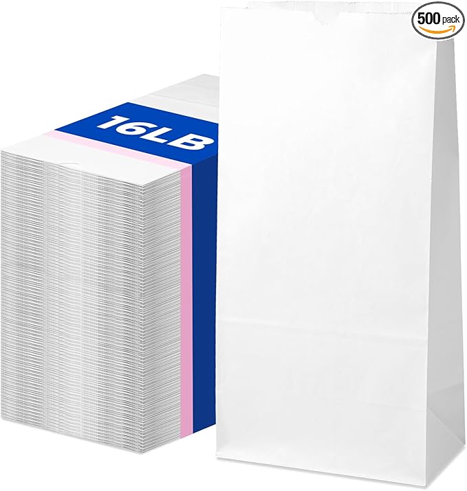 Fit Meal Prep 500 Pack 16 lb White Paper Lunch Bags, 16.3 x 7.8 x 4.5" Premium White Paper Bags Bulk for Small Business, Recyclable Sacks, Durable Grocery Bag for Food Storage