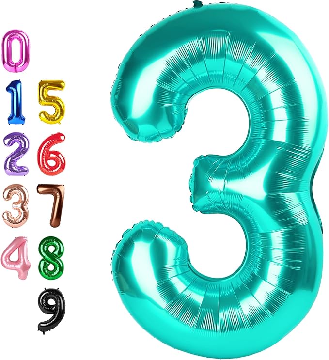 40 Inch Number Balloon, Blue Green Happy Birthday Balloon for Girls Boys Babies, Number Balloons for 3, 13, 23, 30 Singles Wedding Anniversaries Party
