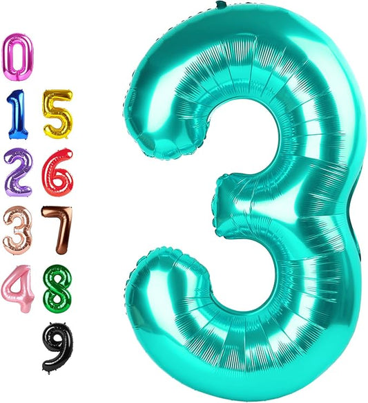 40 Inch Number Balloon, Blue Green Happy Birthday Balloon for Girls Boys Babies, Number Balloons for 3, 13, 23, 30 Singles Wedding Anniversaries Party