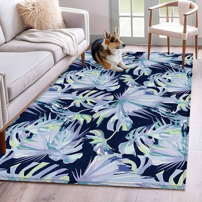 Area Rug 4x6ft, Watercolor Blue Teal Palm Leaves Washable Rugs for Living Room Bedroom, Abstract Botanical Soft Non-Slip Area Rugs Rectangle Floor Carpet for Dining Room