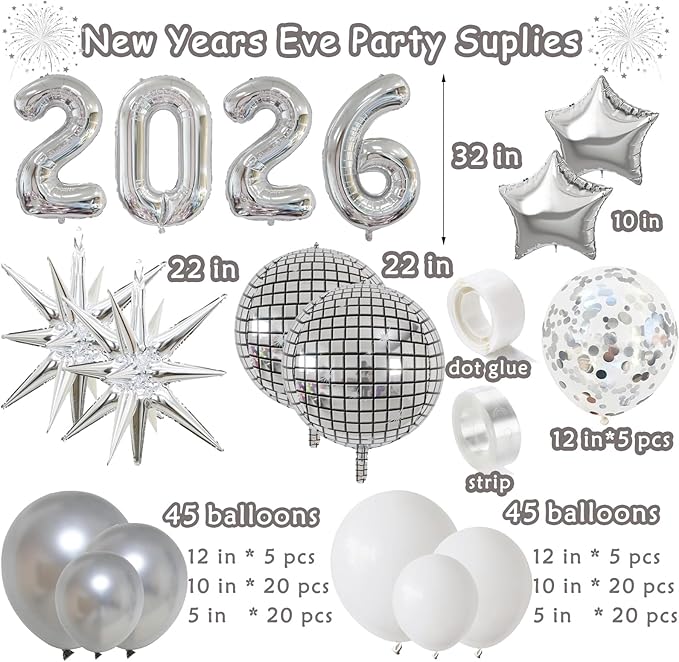 2026 New Year Balloons Disco Party Balloon Garland Arch Kit Metallic Silver White Balloons New Years Eve Decorations 2026 Foil Balloon for New Year Party Decorations