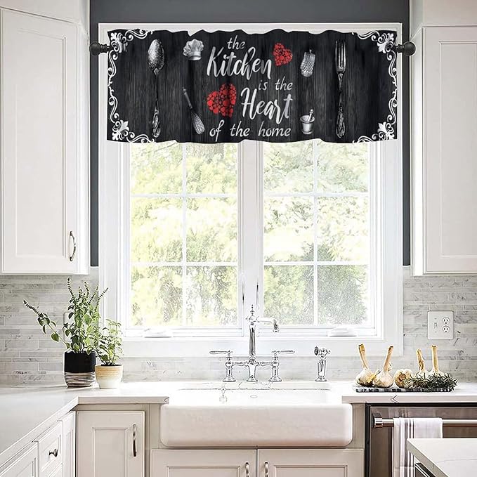 Retro Farmhouse Kitchen Valance, Black White Vintage Country Fork Spoon Heart Wooden Farm Short Curtain for Dining Room Bedroom Living Room Resturant Cafe Home Decor, 54x18Inch