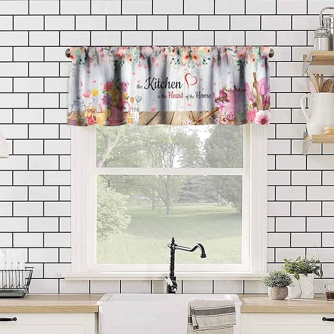 Floral Kitchen Valance Curtain, Watercolor Pink Flower Dessert Baking Tools Farmhouse Short Window Treatment for Dining Room Cafe Resturant Afternoon Tea Bedroom Home Decor, 54x18Inch