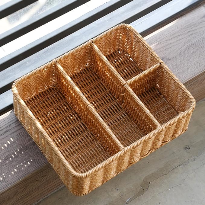 Wicker Divided Storage Basket, Rectangular Hand-woven Baskets Plastic Drawer Baskets Organizer for Organizing Cabinet Coffee Table Toilet Paper