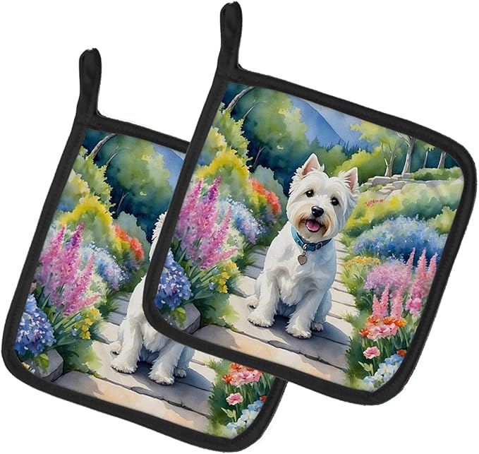 Caroline's Treasures Westie Spring Path Pair of Pot Holders Kitchen Heat Resistant Pot Holders Sets Oven Hot Pads for Cooking Baking BBQ, 7 1/2 x 7 1/2