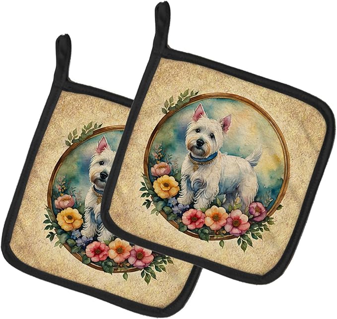 Caroline's Treasures Westie and Flowers Pair of Pot Holders Kitchen Heat Resistant Pot Holders Sets Oven Hot Pads for Cooking Baking BBQ, 7 1/2 x 7 1/2