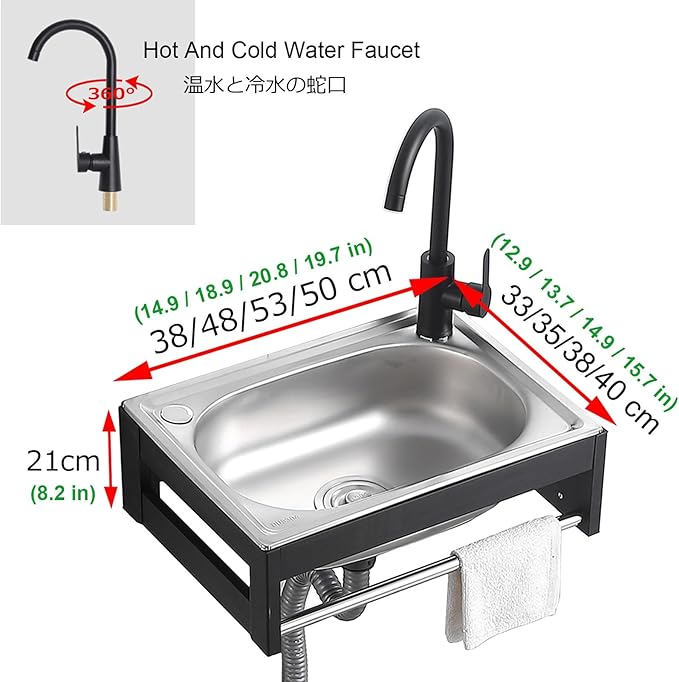 Stainless Steel Sink for Washing with Faucet, Commercial Wall Mount Hand Basin for Restaurant, Kitchen and Home, 1 Compartment, Outdoor Sink Indoor Laundry (500x400x210mm