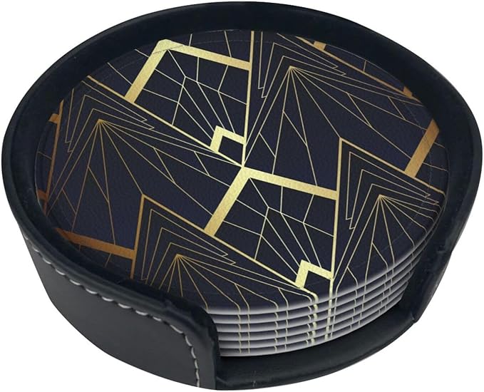 Abstract Art Deco Leather Drinks Coasters with Holder, Set of 6, Suitable for Various Cups