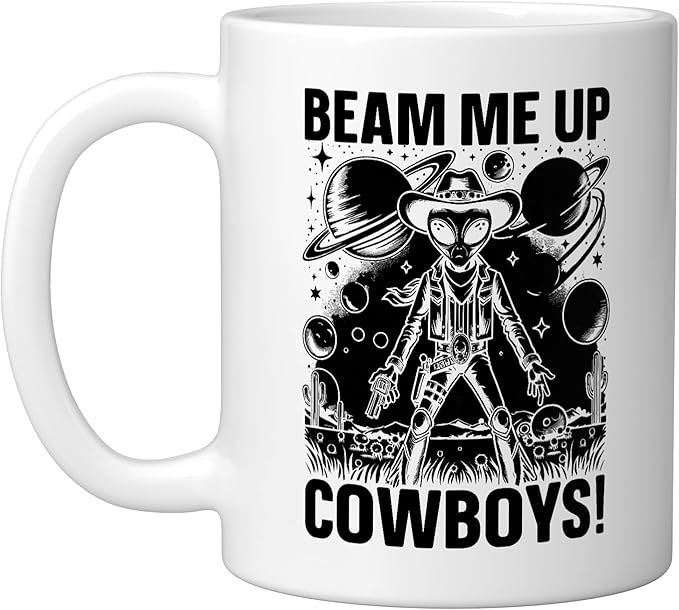 Alien Lover Flying Saucer UFO Extraterrestrial Cowboy Ceramic Mug, White