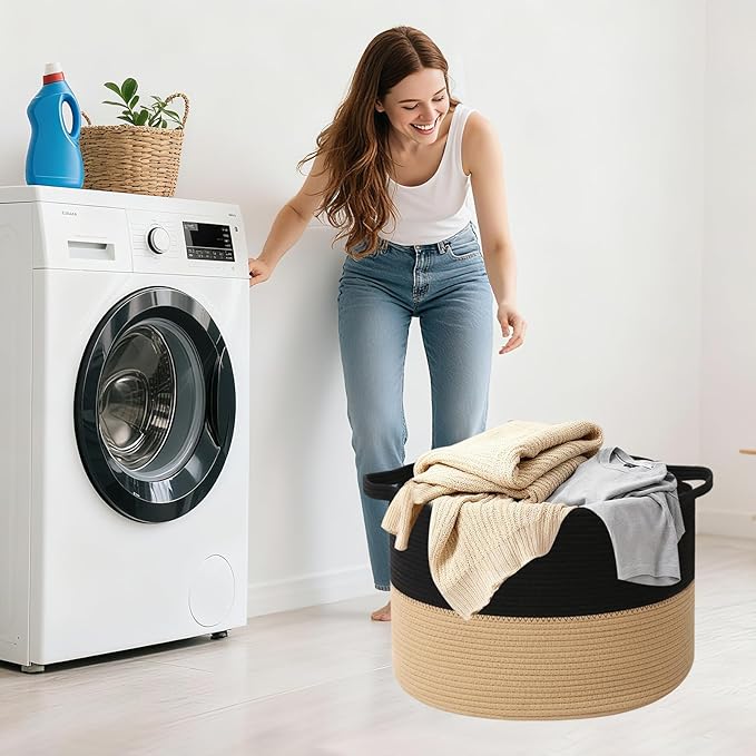 65L Large Blanket Basket,Woven Rope Laundry Basket Hamper with Handles,Decorative Nursery Basket Storage Bin for Toys, Pillows , Clothes Organizer, Living Room, Bedroom, Bathroom, Black&Camel
