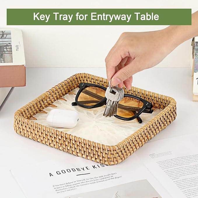 Handwoven Rattan Key Bowl Natural Wicker Serving Tray with Mother-of-Pearl Inlay Decorative Square Serving Tray, White