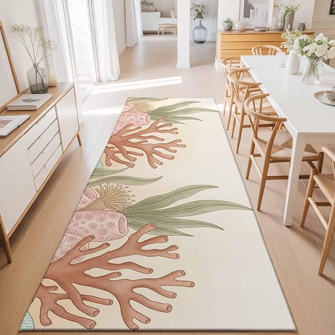 Runner Rug for Bedroom Hallway, Ocean Coral Seaweed Shell Reef Kitchen Runner Rugs Area Rug 2x6ft, Watercolor Marine Theme Washable Soft Floor Carpet for Entryway Stair