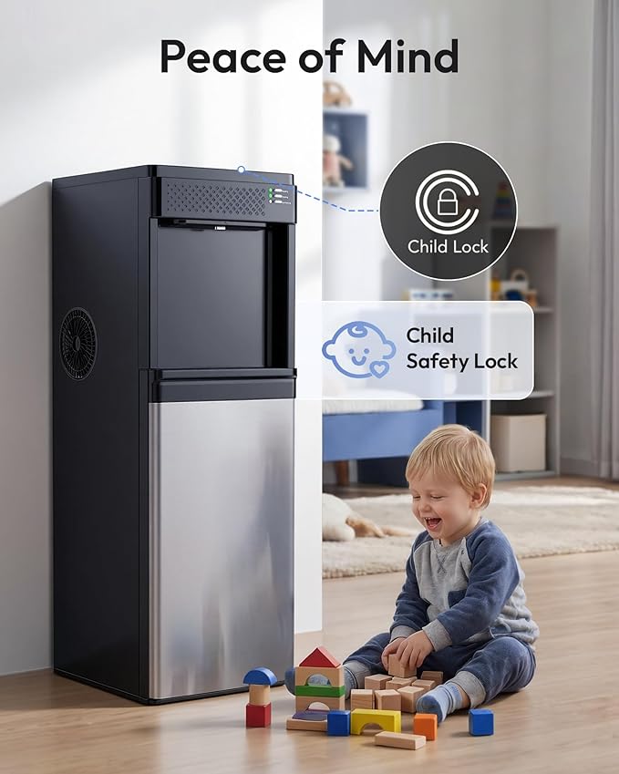 Euhomy 4-in-1 Water Dispenser with Ice Maker, Bottom-Loading Water Cooler Hot and Cold, Fits 3 & 5 Gallons, 33 lbs per Day Ice Production, Childproof Lock, for Home Office Kitchen, Black