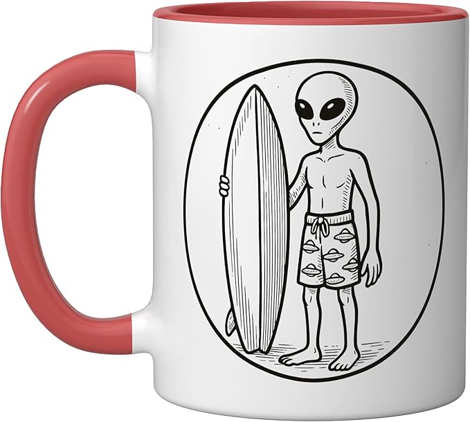 Alien with Surfboard Ceramic Mug, Red/White