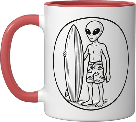 Alien with Surfboard Ceramic Mug, Red/White