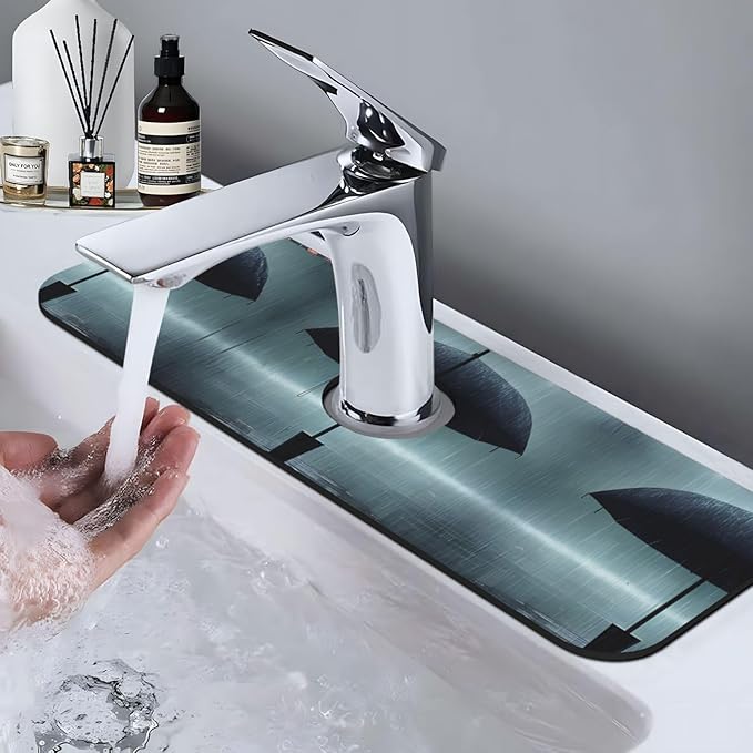 Black Umbrella in the rain Printed Faucet Absorbent mat, Suitable for bathrooms, Kitchens, and Other Sink Areas.