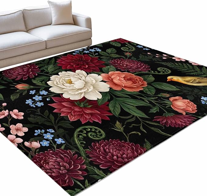 Area Rug 8x10ft, Pastoral Colorful Flower Leaf Washable Rugs for Living Room Bedroom, Country Blossom Floral Bird Soft Non-Slip Area Rugs Rectangle Floor Carpet for Dining Room