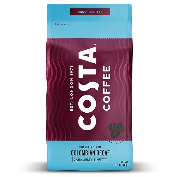 Costa Coffee Decaf Coffee Ground, Medium Roast 12 Oz Bag, Caramel & Nutty Full Flavor, Caffeine-Free 100% Columbia Arabica Beans, Smooth & Low-Acid