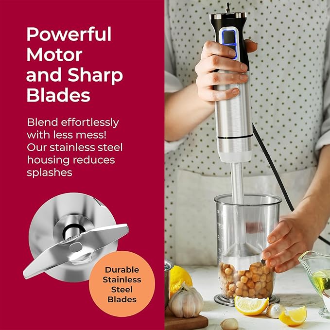 MuellerLiving Ultra-Stick Immersion Hand Blender, 500W Heavy Duty Motor, 8-Speed Turbo Setting, Includes Blending Shaft, Whisk, Milk Frother & Measuring Beaker