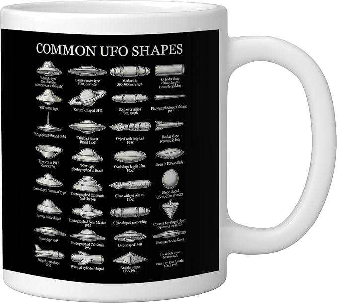 Common UFO Shapes Vintage Chart Alien Flying Saucer Ceramic Mug, White