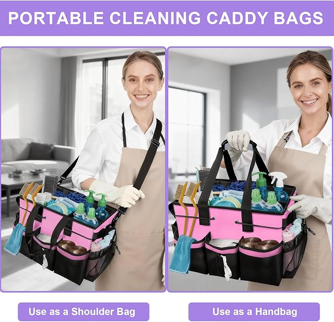 ALSLEA Cleaning Caddy Bag Heavy-Duty Organizer Tote for Housekeepers, Janitors & Home Cleaning Supplies with Adjustable Shoulder Strap & Multiple Pockets (Pink)