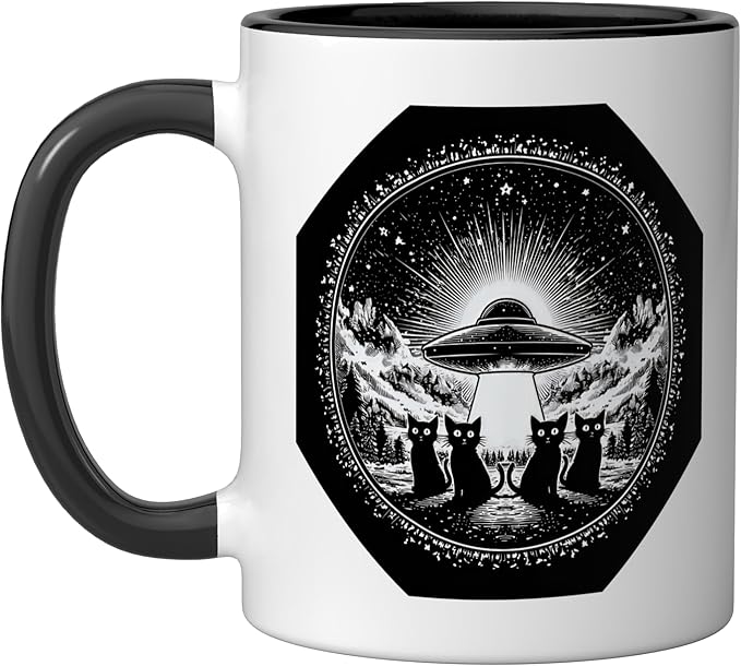 Retro UFO Cats Vintage Sci Fi Space Stary Sky Design Ceramic Mug, Black/White