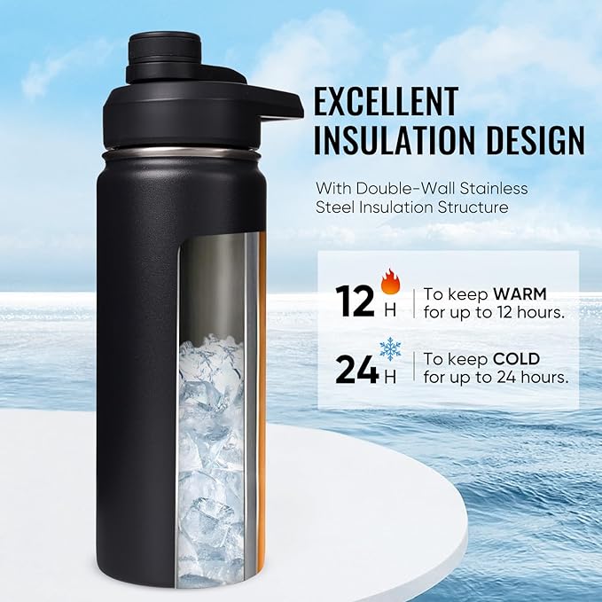 Fijinhom 18 oz Insulated Water Bottle with Handle, 304 Stainless Steel Water Bottles with Wide Mouth, Double Wall Vacuum Sports Water Bottle, BPA Free, Keep Cold and Hot, Black