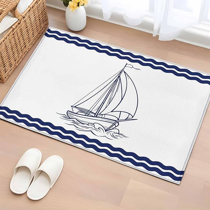 Area Rug 2x3ft, Summer Ocean Nautical Sailboat Washable Rugs for Living Room Bedroom, Marine Theme Navy Blue Stripe Soft Non-Slip Area Rugs Rectangle Floor Carpet for Dining Room