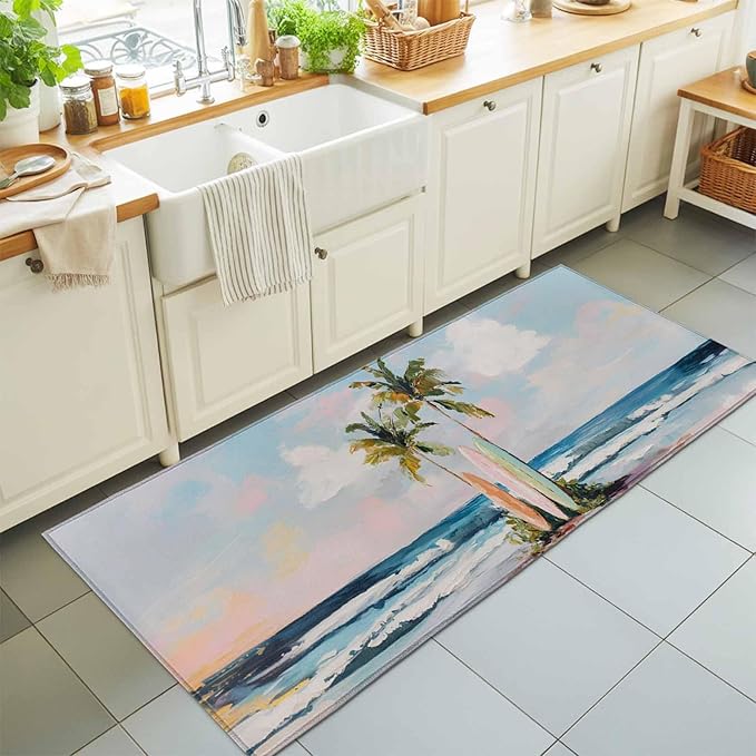 Runner Rug for Bedroom Hallway, Summer Blue Ocean Surfboard Kitchen Runner Rugs Area Rug 2x6ft, Tropical Plant Palm Tree Washable Soft Floor Carpet for Entryway Stair