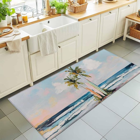 Runner Rug for Bedroom Hallway, Summer Blue Ocean Surfboard Kitchen Runner Rugs Area Rug 2x6ft, Tropical Plant Palm Tree Washable Soft Floor Carpet for Entryway Stair