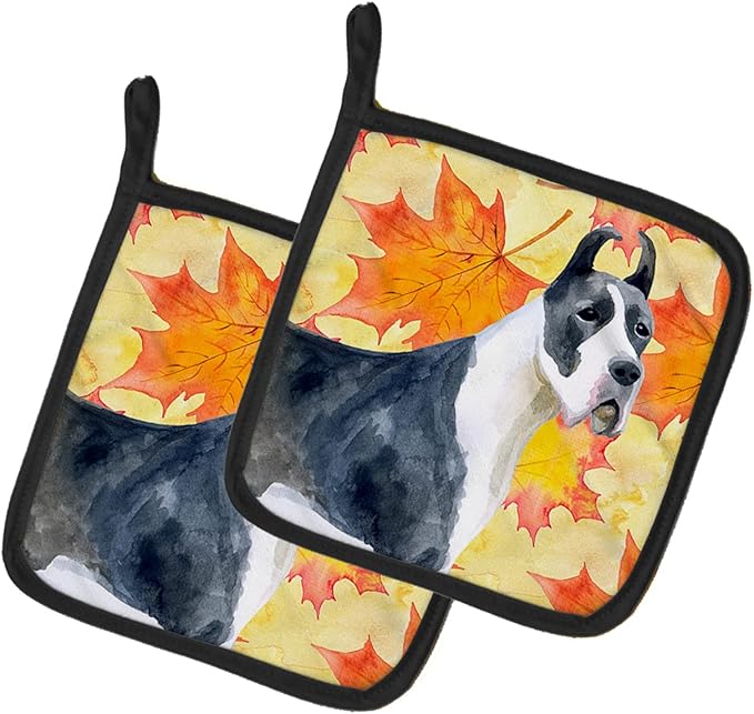 Caroline's Treasures BB9904PTHD Harlequin Great Dane Fall Pair of Pot Holders, Yellow Kitchen Heat Resistant Pot Holders Sets Oven Hot Pads for Cooking Baking BBQ, 7 1/2 x 7 1/2