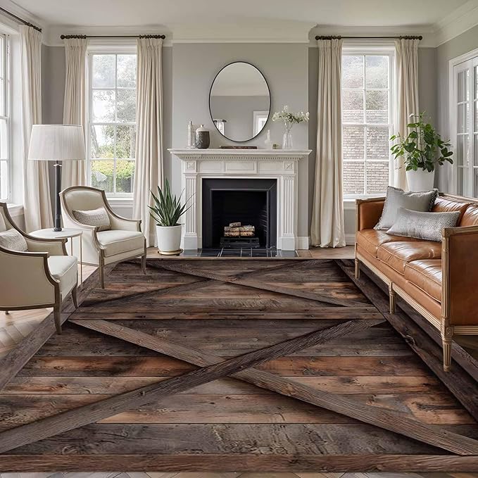 Area Rug 6x9ft, Vintage Farmhouse Barn Washable Rugs for Living Room Bedroom, Country Wooden Plank Soft Non-Slip Area Rugs Rectangle Floor Carpet for Dining Room