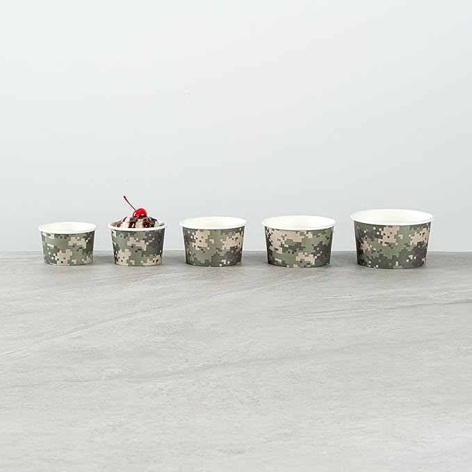 Restaurantware Coppetta 4-Ounce Dessert Cups, 50 Disposable Ice Cream Cups - Lids Sold Separately, Heavy-Duty, Camouflage Paper Frozen Yogurt Bowls, For Hot And Cold Foods