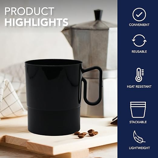 Party Essentials Bistro Hard Plastic Coffee Cup/Tea Mug w/Handle, 40 Count, 8-Ounce, Black