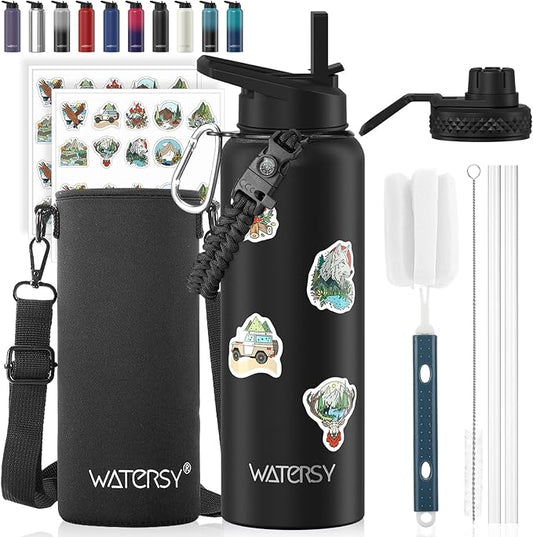 40oz Insulated Water Bottle (Cold for 48 Hrs),BPA Free&Leak Proof,Stainless Steel Water Flask,Water Jug with Straw Spout Lids for Gym,Hiking,Travel,Black