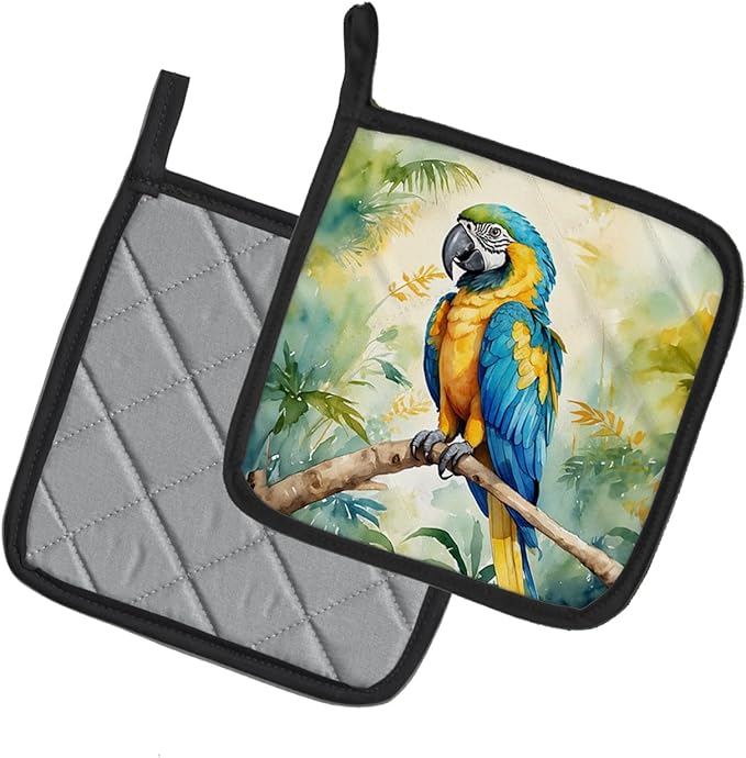 Caroline's Treasures Blue and Gold Macaw Pair of Pot Holders Kitchen Heat Resistant Pot Holders Sets Oven Hot Pads for Cooking Baking BBQ, 7 1/2 x 7 1/2