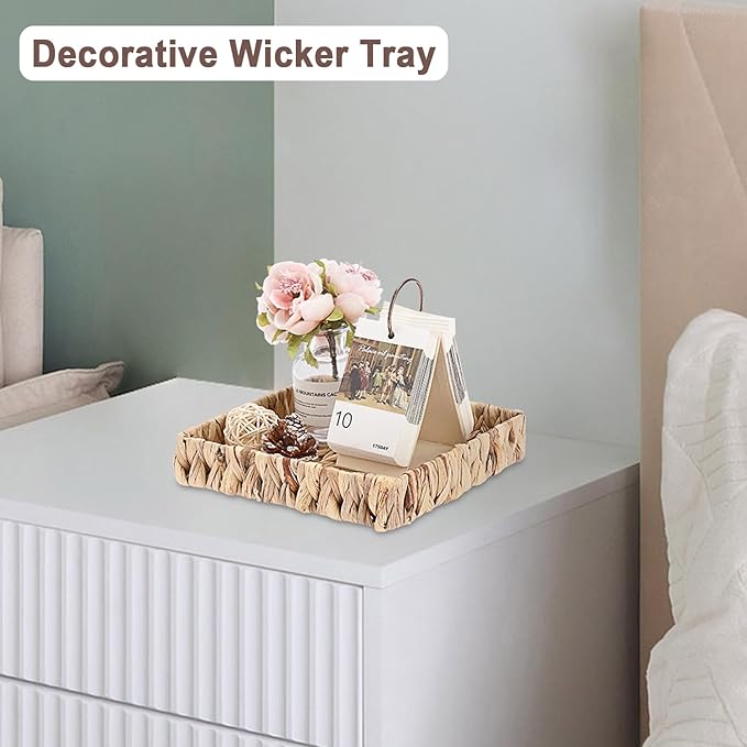 Natural Water Hyacinth Tray Handwoven Wicker Basket Tray for Decoration Square Serving Tray for Coffee Table Living Room Kitchen, 8.5" x 8.5" x 1.6"