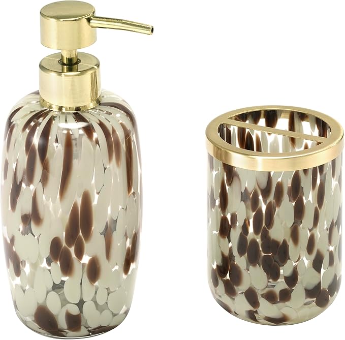 Nicole Miller – Bathroom Accessory Set, Toothbrush Holder and Lotion Dispenser, Weighted Glass with Gold-Tone Accents, Modern Home Decor – Perfect for Organizing Bathroom Essentials (Safari)