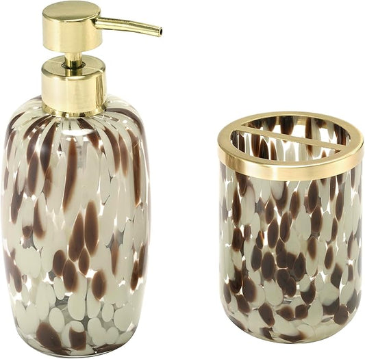 Nicole Miller – Bathroom Accessory Set, Toothbrush Holder and Lotion Dispenser, Weighted Glass with Gold-Tone Accents, Modern Home Decor – Perfect for Organizing Bathroom Essentials (Safari)