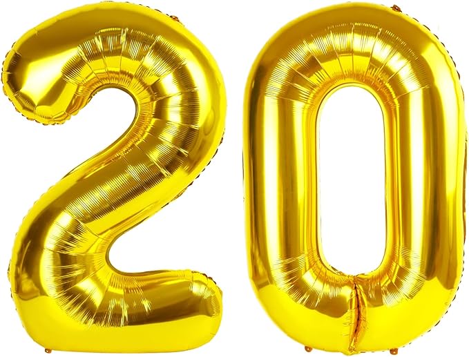 20 Number Balloon, Gold Big Number Balloons for Women Men, 40 Inch Digital Balloon for Happy Birthday Decoration Supplies, Anniversaries, 2026 New Years Eve Party