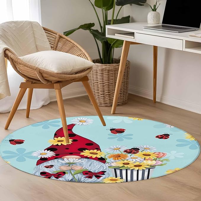 Washable Round Area Rug Summer Ladybug Gnome Daisy Flower Circle Rugs Floor Carpet for Living Room Bedroom, Watercolor Bloom Floral on Blue Soft Non Slip Round Rug 3ft