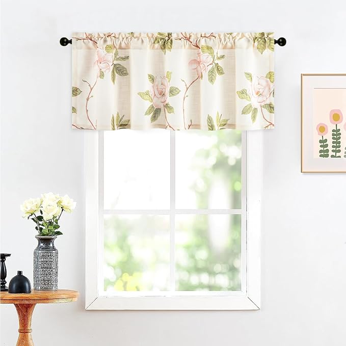 Leeva Floral Printing Kitchen Curtain Valances, Rod Pocket Light Filtering Privacy Linen Look Curtains Window for Living Room Cafe, Rod Pocket Short Drapes for Windows, 52 x 18