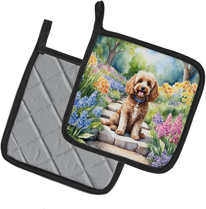 Caroline's Treasures Cockapoo Spring Path Pair of Pot Holders Kitchen Heat Resistant Pot Holders Sets Oven Hot Pads for Cooking Baking BBQ, 7 1/2 x 7 1/2